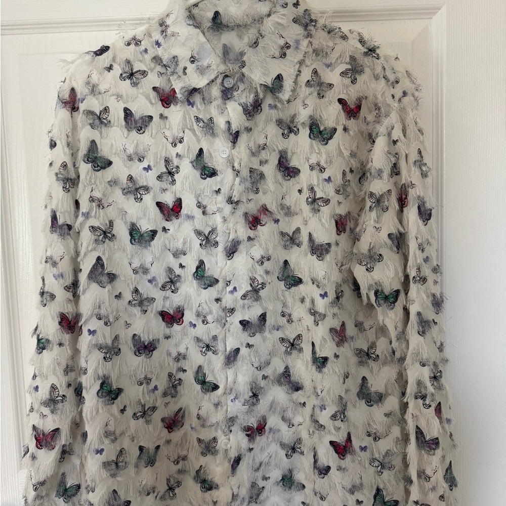 Butterfly Patterned Fuzzy Shirt